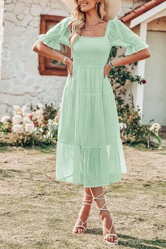 Vista 6 de MEROKEETY - Vestido de verano con lunares suizos para mujer vestido midi con cuello cuadrado, mangas abombadas, volados, lazo en la espalda