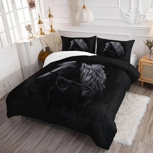 Vista 3 de Datura home - Juego de ropa de cama con edredón estampado de caballo negro, patrón de caballo oscuro, juego de ropa de cama con funda de edredón