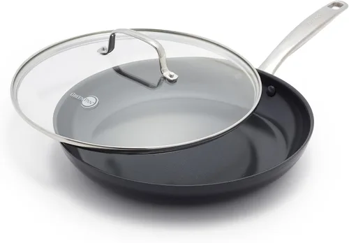Vista 2 de GreenPan Chatham Black Prime Midnight Hard Anodized Healthy Ceramic Antiadherente, sartén de 12 pulgadas con tapa y Chatham Black Prime Midnight