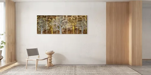Vista 4 de Yihui Arts Arte de pared de metal de árbol de aluminio 3D grande hecho a mano, decoración de pared de 5 paneles para sala de estar, dormitorio