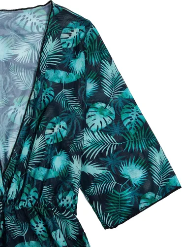Vista 3 de SHENHE Traje de baño de 3 piezas para mujer con estampado de hojas, halter y cordón lateral, conjunto de bikini con salida de baño