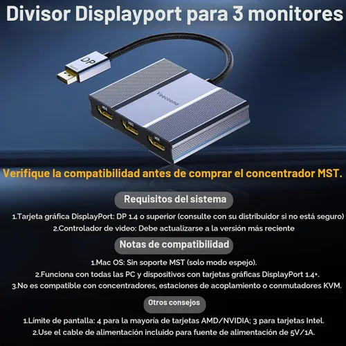 Vista 4 de Adaptador DisplayPort a HDMI 1 en 3 salidas 4K60Hz, divisor de puerto de pantalla extendida a divisor de puerto de pantalla extendida para 3
