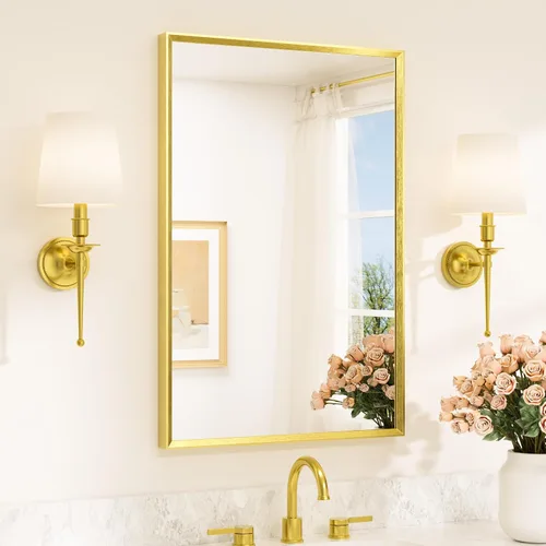 Vista 30 de TETOTE Espejo de baño dorado cepillado de 20" x 30", espejo de tocador de baño rectangular de latón dorado cepillado con marco biselado para sobre