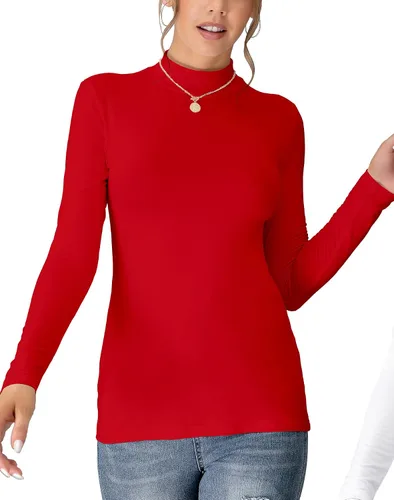 Vista 8 de Camiseta Top sin Mangas de Manga Larga para Mujer, Cuello de Tortuga Simulado, Básica, Ajuste Elástico, Suéter Ligero, Camisa Entallada Verde militar