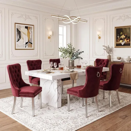 Vista 15 de Ebullient 79" White Dining Table Set for 8, Faux Marble Table & 8 Chairs Cream Chairs