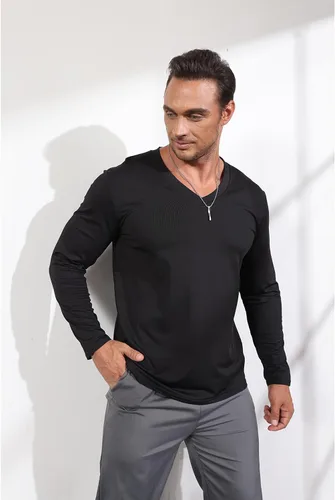 Vista 2 de SEGANUP Camisas de entrenamiento para hombre, cuello en V, casual, manga larga, gimnasio, musculo, camisetas de entrenamiento de moda para culturismo