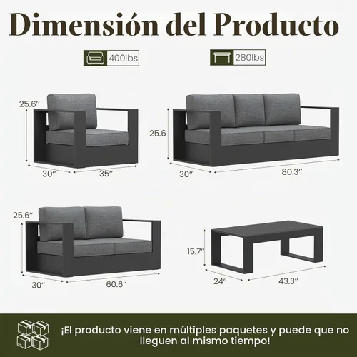 Vista 7 de LayinSun - Juego de muebles de exterior de aluminio de gran tamaño de 5 piezas con mesa auxiliar Negro/Gris oscuro