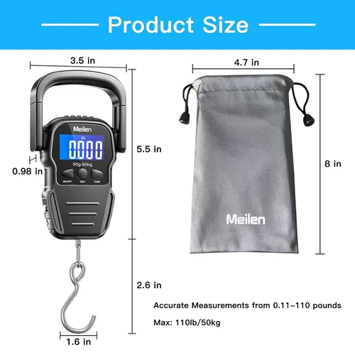 Vista 5 de Escala de peces báscula de equipaje de 110 libras1102lbs con pantalla LCD retroiluminada báscula de pesca digital con cinta métrica báscula portátil