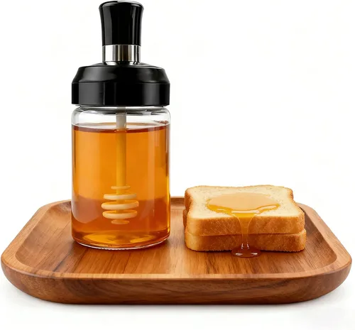 Vista 6 de MIUPOO Tarro de miel con cubierta de cuchara, diseño ondulado antideslizante botella de miel de vidrio, transparente de contenedor de miel, olla