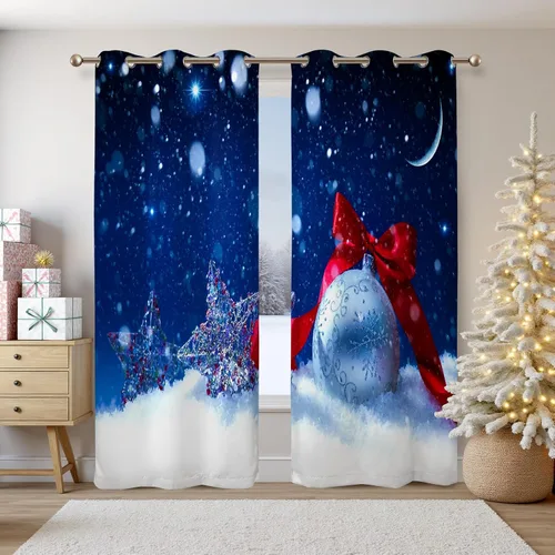 Vista 8 de Renaiss Cortinas opacas de Navidad con tablones de madera rústica para dormitorio, con ojales, estampado de copos de nieve navideños, cortinas
