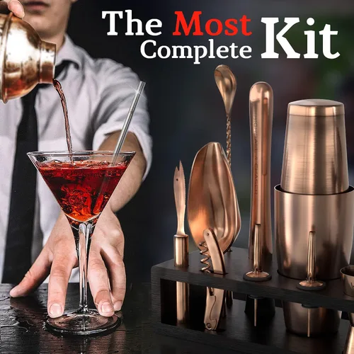 Vista 7 de Kit de bartender Highball & Chaser con soporte de bambú negro, hermoso juego de coctelera, juego y herramientas para barra, agitador Boston de acero