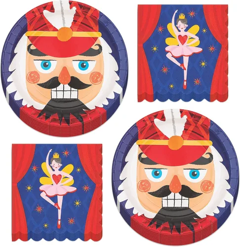 Vista 20 de HOME & HOOPLA Platos y servilletas de papel grandes para fiesta de Navidad, diseño calmado y brillante en verde y dorado moderno (para 16 personas)