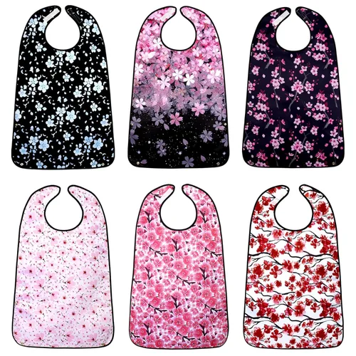 Vista 10 de Baberos para adultos, paquete de 3 baberos para adultos con flor de cerezo para mujeres, lavables con atrapa migas (negro y rosa, paquete de 3)