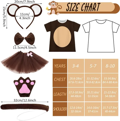Vista 3 de Jiuguva Juego de 6 disfraces de animales para niños, disfraz de mono de Halloween, cola de mono, diadema de oreja, tutú, pajarita, patas, camiseta