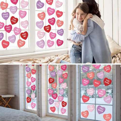 Vista 7 de 12 hojas de calcomanías para ventana del día de San Valentín, diseño de corazón de conversación de doble cara, calcomanías de caramelo