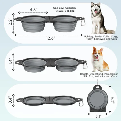Vista 2 de Pawaboo Cuencos plegables 2 en 1 para perros, cuencos dobles para comida y agua, cuenco de silicona portátil de 180° con gancho de metal, comedero