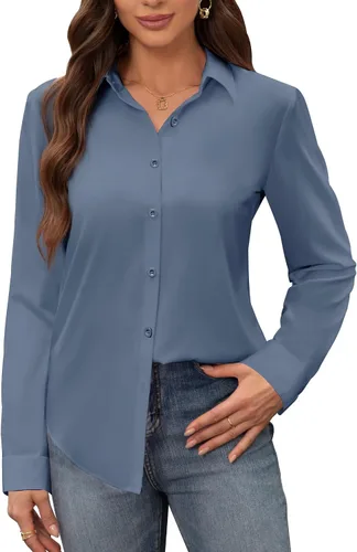Vista 9 de Siliteelon - Camisas de vestir para mujer, a prueba de manchas, sin arrugas, de manga larga, sólidas, para trabajo y negocios, con botones