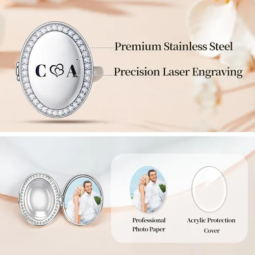 Vista 4 de SUPHELPU Anillo con medallón ovalado para mujer, anillos personalizados grabados con foto y nombre, regalos personalizados para Navidad y memorial