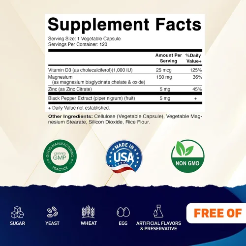 Vista 2 de Vitamatic Magnesio (de bisglicinato y óxido) con vitamina D3 y zinc - 120 cápsulas vegetales - Apoya la salud muscular, articulaciones, nervios