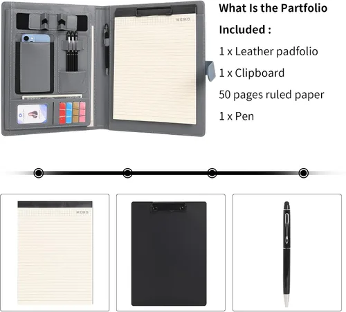 Vista 7 de Wason Portafolio Padfolio A4 Carpeta de cuero PU Archivo de archivos Estuche con almohadilla de escritura extraíble portapapeles tarjeta estuche