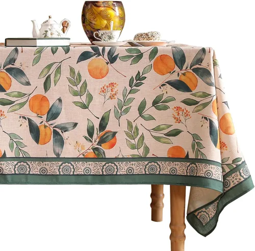 Vista 45 de [Usado] patdrea Mantel largo de lino de diseño verde para mesa rectangular, mantel vintage transpirable con patrón de frutas amarillas, funda