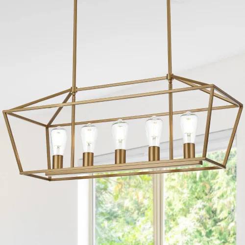 Vista 2 de Lámpara moderna de 5 luces para isla de cocina en acabado dorado, lámpara colgante industrial con marco de metal para comedor, vestíbulo, cafetería