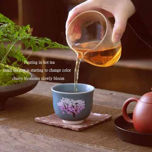 Vista 6 de Taza de té con flores de cerezo cambiantes sensibles al calor, 4.4 onzas, azul Estilo japonés, cambio de color, apto para lavavajillas, para té