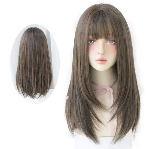Vista 9 de Peluca de Cabello Largo Negro Liso con Flequillo Sintética de Alta Densidad Peluca de Cabello Largo para Mujeres (negro)