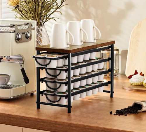 Vista 2 de HFHOME Soporte para cápsulas de café con parte superior de madera, compatible con K-Cups, cajón de almacenamiento de cápsulas de café de 4 niveles