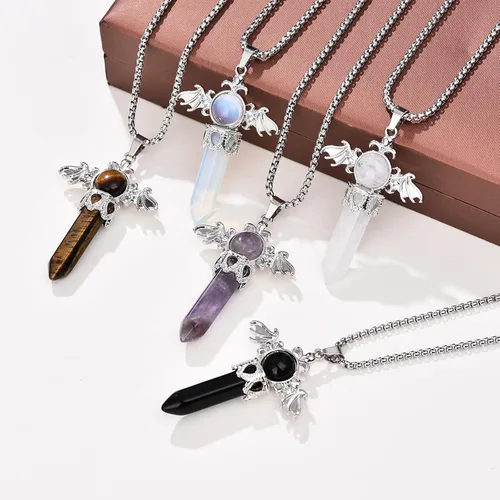 Vista 2 de Collar de cristal curativo para mujer, collar con dije de alas de ángel, piedras natales, piedras preciosas para mujeres y hombres, colgante de cruz
