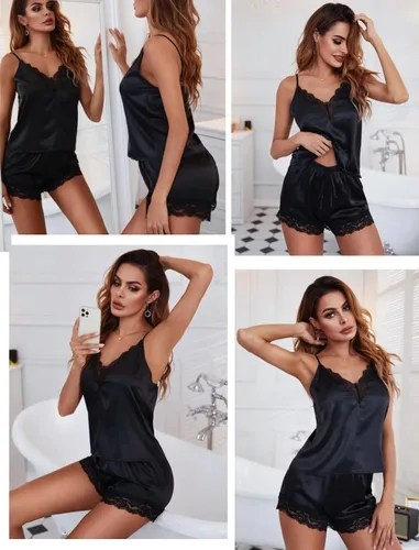 Vista 3 de Avidlove Conjunto de pijama de satén para mujer, lencería sexy, conjunto de camisola y pantalones cortos, tallas S-XXL