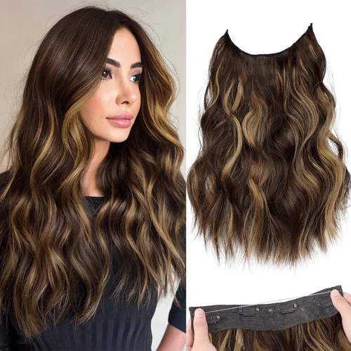 Vista 65 de KooKaStyle - Extensiones de cabello con hilo invisible, diadema transparente, ajustables, 4 clips fijadores, cabello largo y ondulado de 12