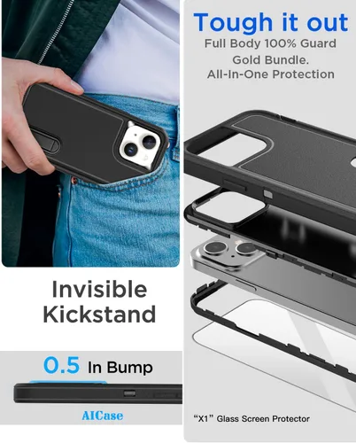 Vista 5 de AICase Funda compatible con iPhone 15, soporte integrado con protector de pantalla de cristal, protección contra caídas de alta resistencia, cuerpo