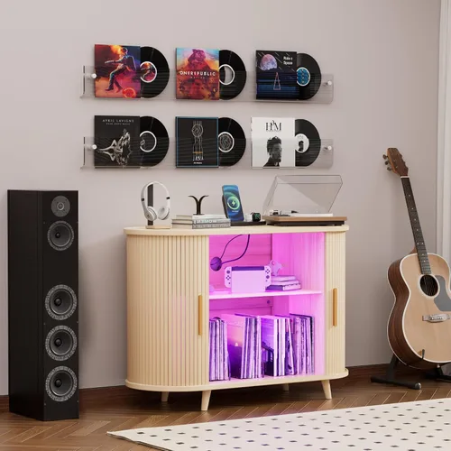 Vista 3 de Soporte para tocadiscos con almacenamiento de vinilo, gabinete multimedia moderno con estación de carga y luces LED, soporte para puerta corrediza