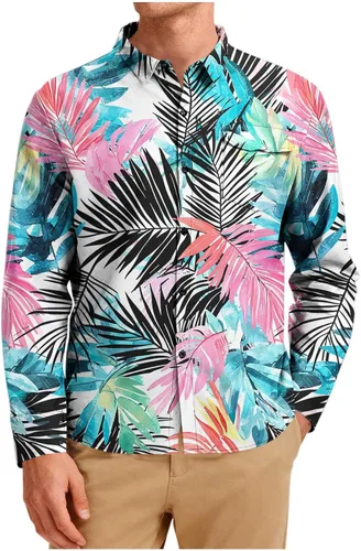 Vista 10 de Camisa hawaiana de manga larga con botones florales tropicales para hombre, camisas de playa con estampado de flores, camisas casuales de viaje