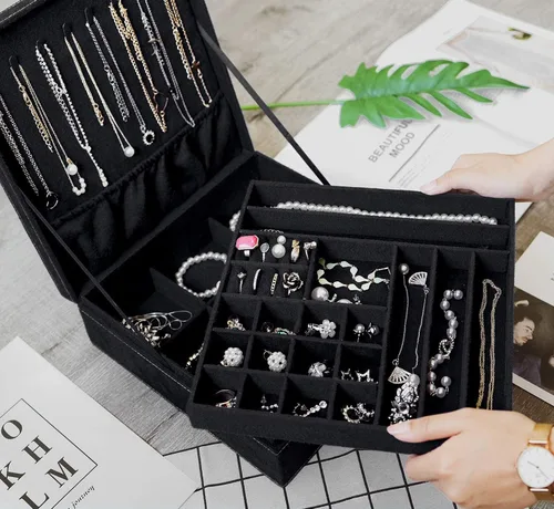 Vista 5 de QBeel - Cajas de joyería negras para mujeres hombres y niñas organizador de joyas de 2 capas con candado organizador grande de almacenamiento