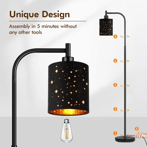 Vista 7 de Lámpara de pie industrial gótica con pantalla cortada láser estrellada, lámpara de pie de metal negro de 67 pulgadas con bombilla LED de 6 W