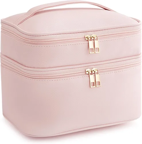 Vista 10 de HBlife Bolsa de maquillaje de viaje de doble capa, portátil, bonita bolsa de cosméticos de cuero, bolsa de maquillaje grande, estuche organizador