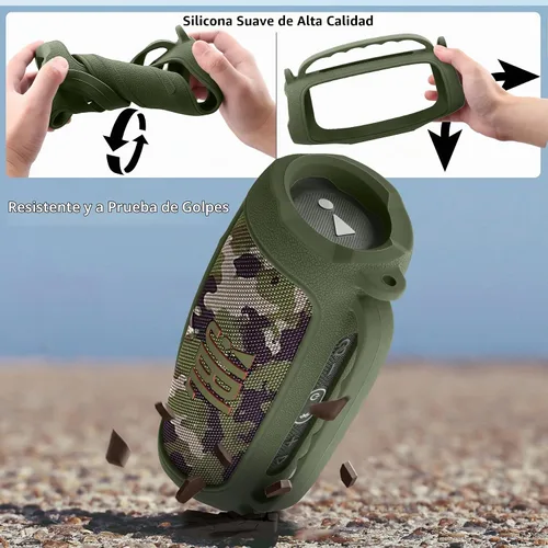 Vista 6 de co2CREA Funda de silicona para altavoz portátil JBL Charge 5, verde militar Bump Protection, Detachable Shoulder Strap, Carabiner, Comfortable