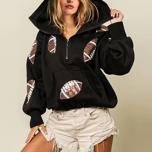Vista 24 de SeekMe Sudaderas con capucha de lentejuelas para mujer, para el día del partido, suéteres de manga larga con cremallera y bolsillo