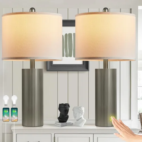 Vista 10 de Juego de 2 lámparas negras de 24.5 pulgadas, modernas lámparas de mesa para sala de estar con puertos USB C+A, lámparas táctiles creativas a rayas