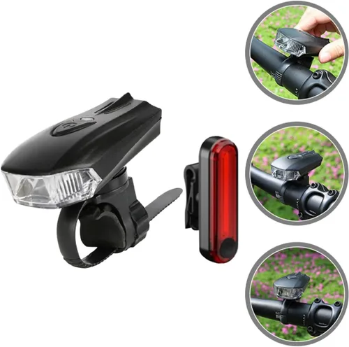 Vista 9 de Hemobllo Bike Light Kit USB Rechargeable Front Headlight and Red Rear Taillight Set Waterproof Bicycle Handlebar Lamp for Night Riding Outdoor