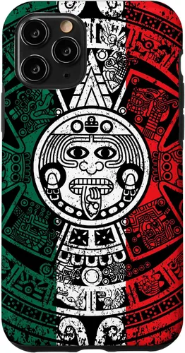 Vista 29 de Funda para iPhone 17 con calendario maya azteca con diseño de piedra solar envejecida de la bandera de México