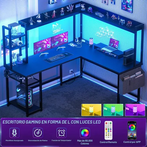 Vista 4 de Aheaplus Escritorio en forma de L con toma de corriente, escritorio para juegos en forma de L con luz LED y alacena, escritorio reversible