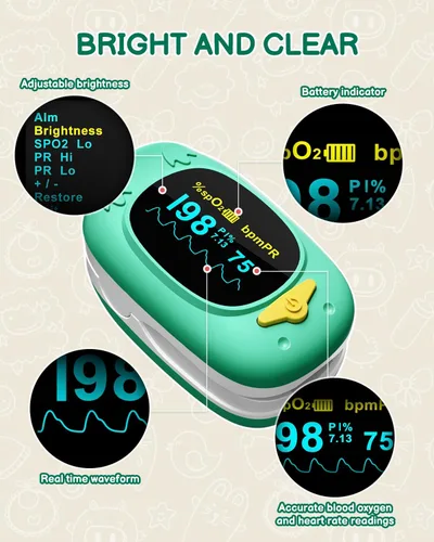 Vista 4 de Oxímetro de pulso para niños, monitor de oxígeno HOLFENRY para bebés, punta de dedo, oxímetro de pulso para niños, pantalla grande, incluida