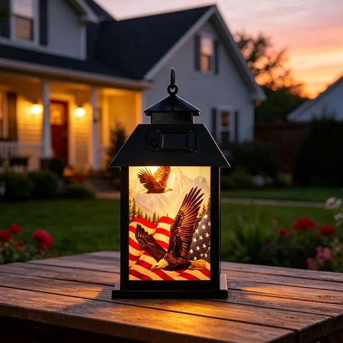 Vista 2 de Afirst Farol solar para exteriores, luces colgantes decorativas con bandera estadounidense, iluminación al aire libre, luces impermeables