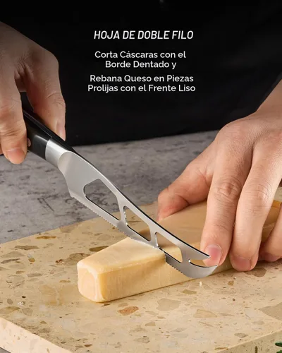 Vista 2 de KYOKU Cuchillo de queso dentado de 5 pulgadas, cortador de queso serie Samurai con mango de madera de Pakkawood de hoja hueca, cuchillo alemán