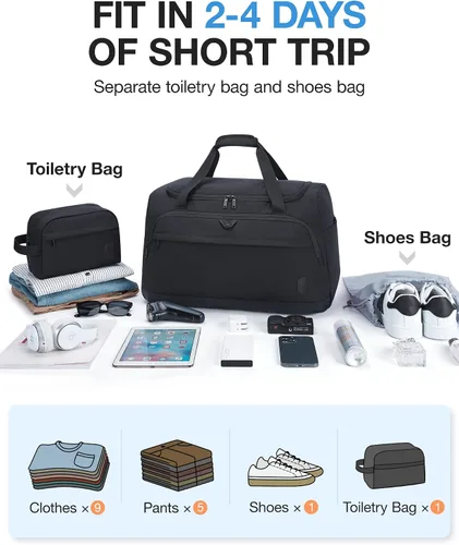 Vista 6 de BAGSMART - Bolsa de lona para viajes, bolsas de mano para hombre, bolsas de lona para viajar con bolsa de aseo, Negro, 38L, Viaje