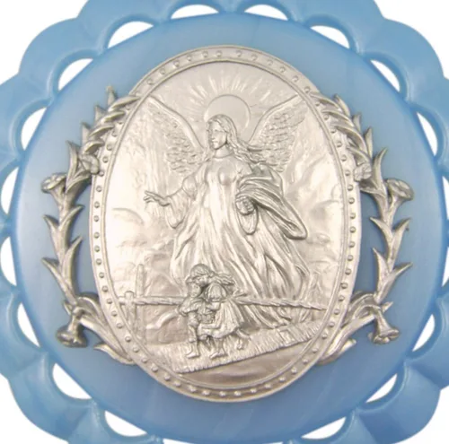 Vista 3 de Medalla de cuna azul acrílica moldeada con ángel de la guarda para decoración de guardería de bebé, 3 1/2 pulgadas