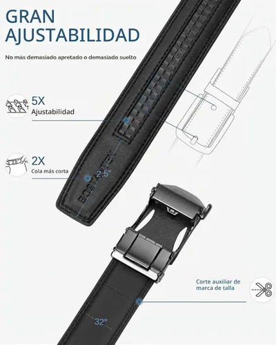 Vista 3 de BOSTANTEN Cinturón de cuero con trinquete para hombre, para atuendos formales e informales con hebilla ajustable, se ajusta a la medida. 001- Negro
